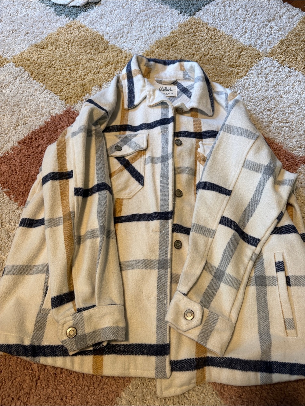 Cream Plaid Shacket with Navy & Tan Accents